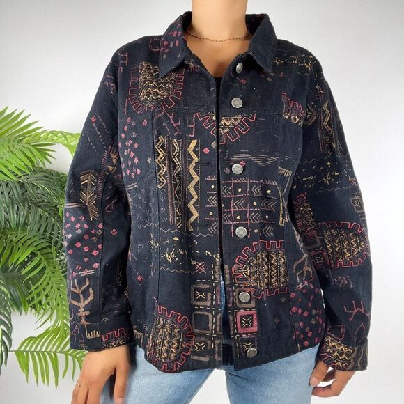 Women's Vintage 90s Grunge Indie Black Bohemian Aztec Denim Jacket / Size: 2 - Picture 4 of 5